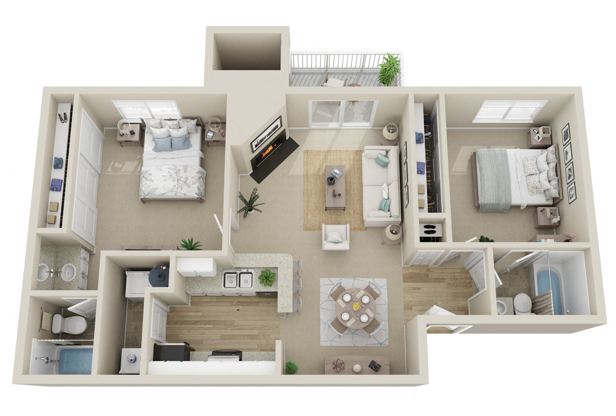 Floor plan for 2 beds, 2 baths, 975 sqft